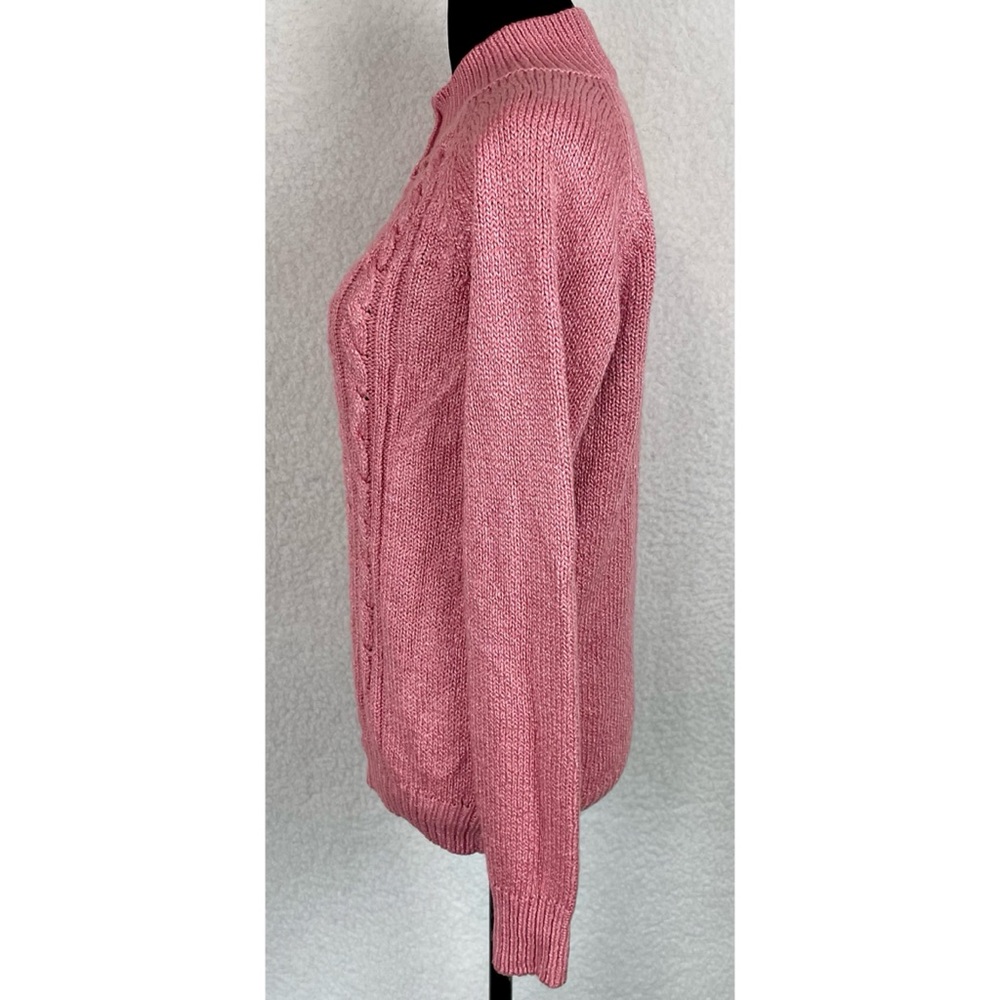 KAREN SCOTT • Dusty Pink Cable Knit Faux Pearl Button Mock-neck Sweater, S - Picture 6 of 16